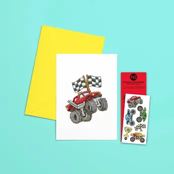 Pico Greeting Card with Tattoos - Monster Trucks