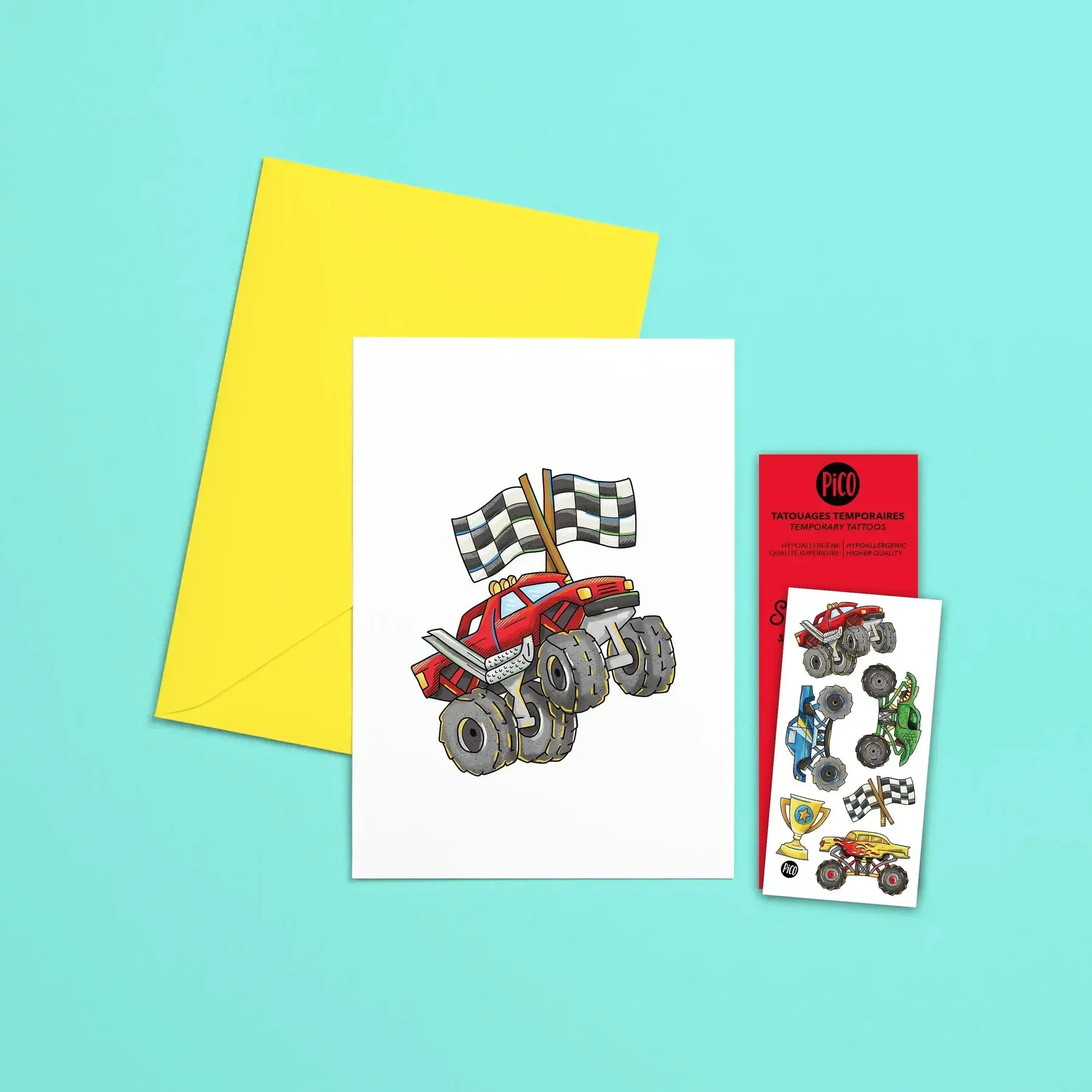 Pico Greeting Card with Tattoos - Monster Trucks