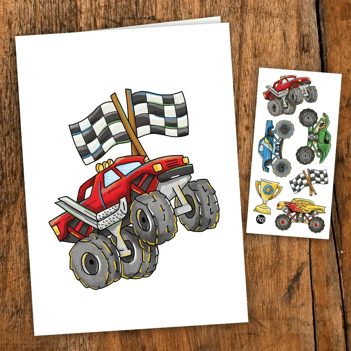 Pico Greeting Card with Tattoos - Monster Trucks