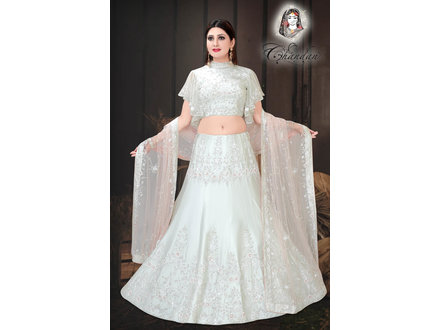Bridal Lehenga in Silver with Pink Accents on Pure Silk Bridal Lehenga in Silver with Pink Accents on Pure Silk