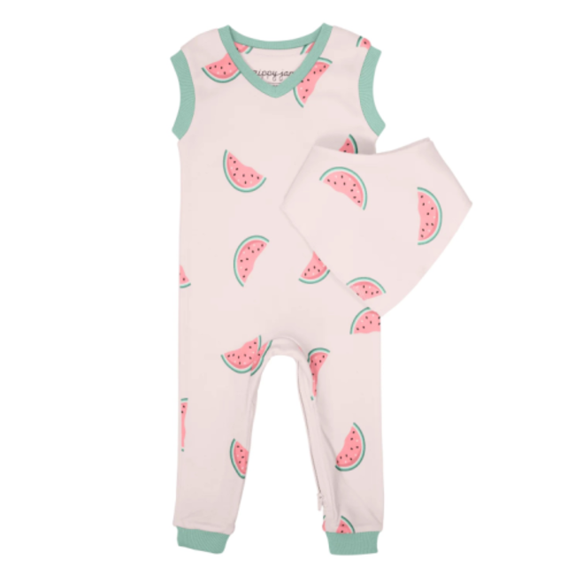 ZippyJams Watermelon Wiggles Tank Romper with Bib