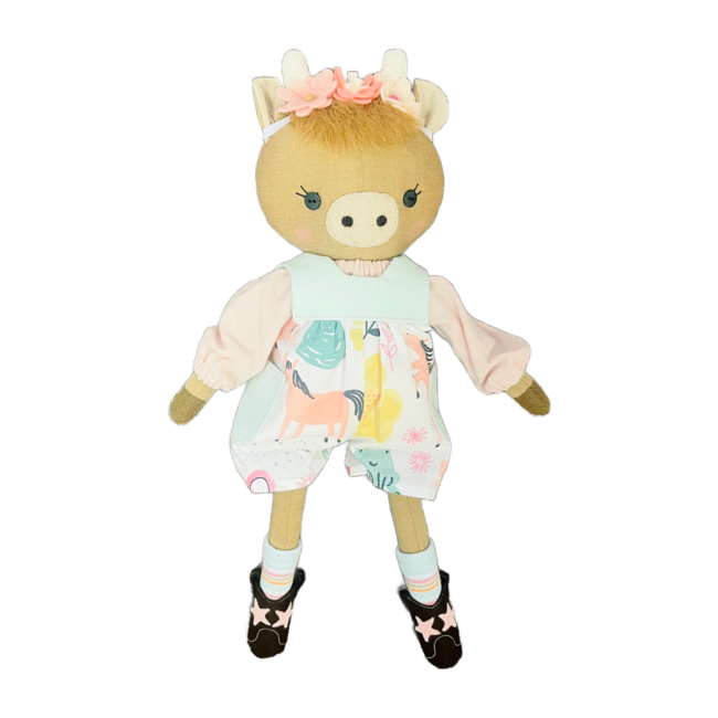 Pink Gaut Cowgirl Brown Cow, Handmade Doll