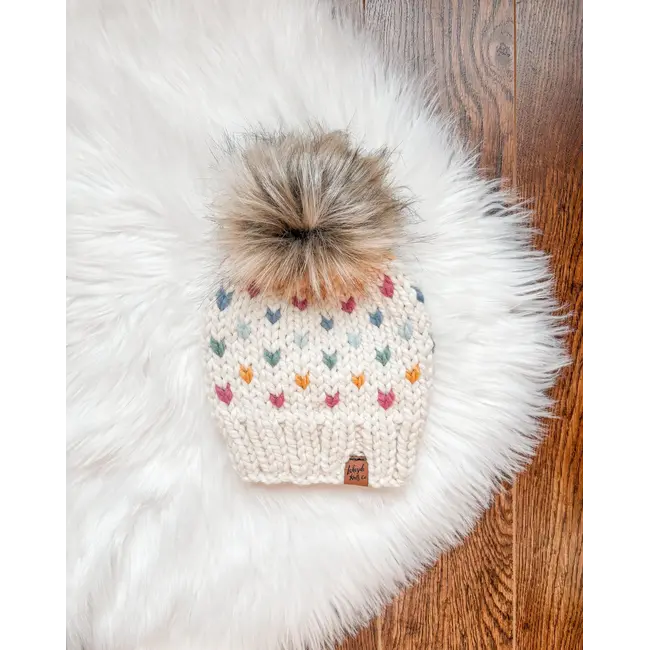Lakeside Knits Co. Rainbow Tiny Hearts Pom Knit Hat