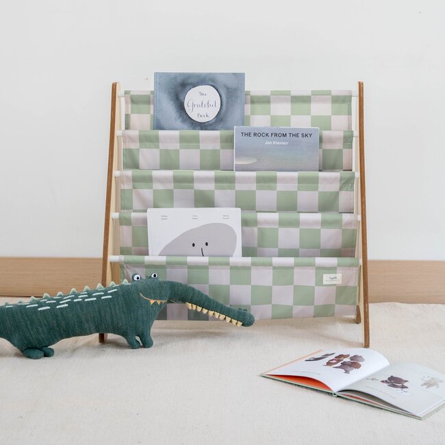 3 Sprouts Checkerboard/Green Recycled Fabric Kids Book Rack