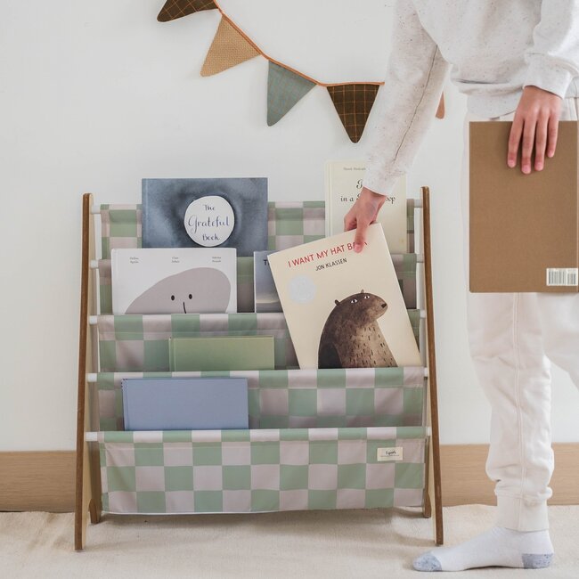 3 Sprouts Checkerboard/Green Recycled Fabric Kids Book Rack