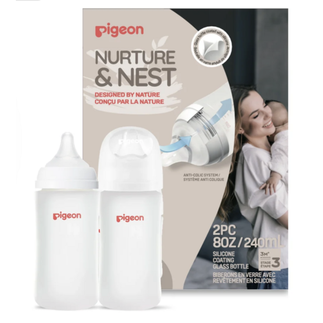 Pigeon Silicone Glass Bottle 8oz -2pk