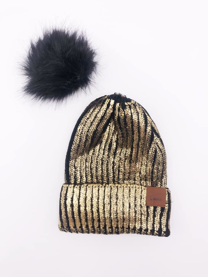 Black Gold Pom Pom Beanie