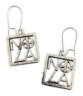 Square NOLA Fleur de Lis Earrings, Silver