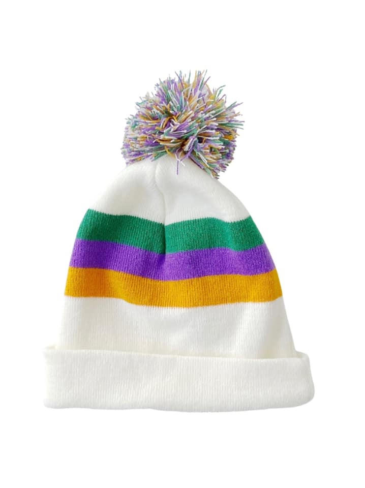 Mardi Gras Color Block Beanie, White - Fleurty Girl