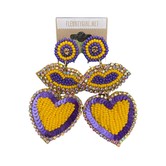 Purple & Gold Beaded Earrings, Lips & Heart