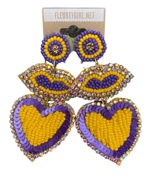 Purple & Gold Beaded Earrings, Lips & Heart