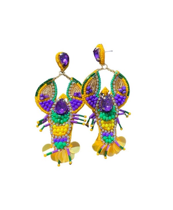Mardi Gras Beaded Crawfish with Jewels Earrings