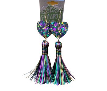 Mardi Gras Glitter Heart Earrings with Tinsel