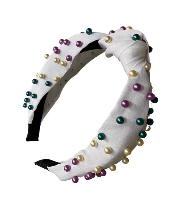 Mardi Gras Headband with Pearls, White