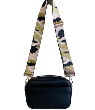 Black Crossbody Bag, Pink & Gold Camo Strap