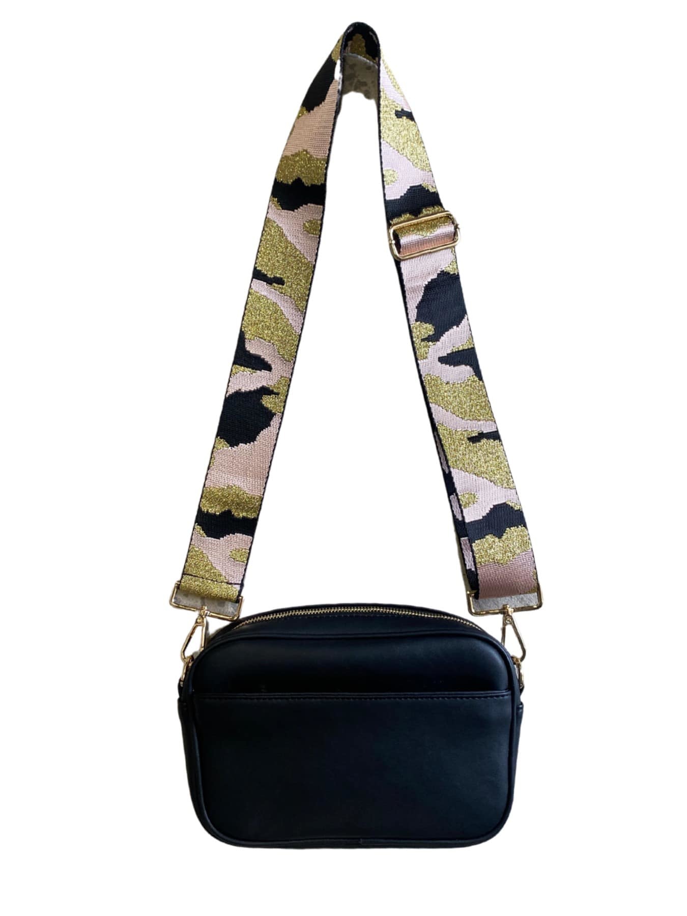 Black Crossbody Bag, Pink & Gold Camo Strap Fleurty Girl