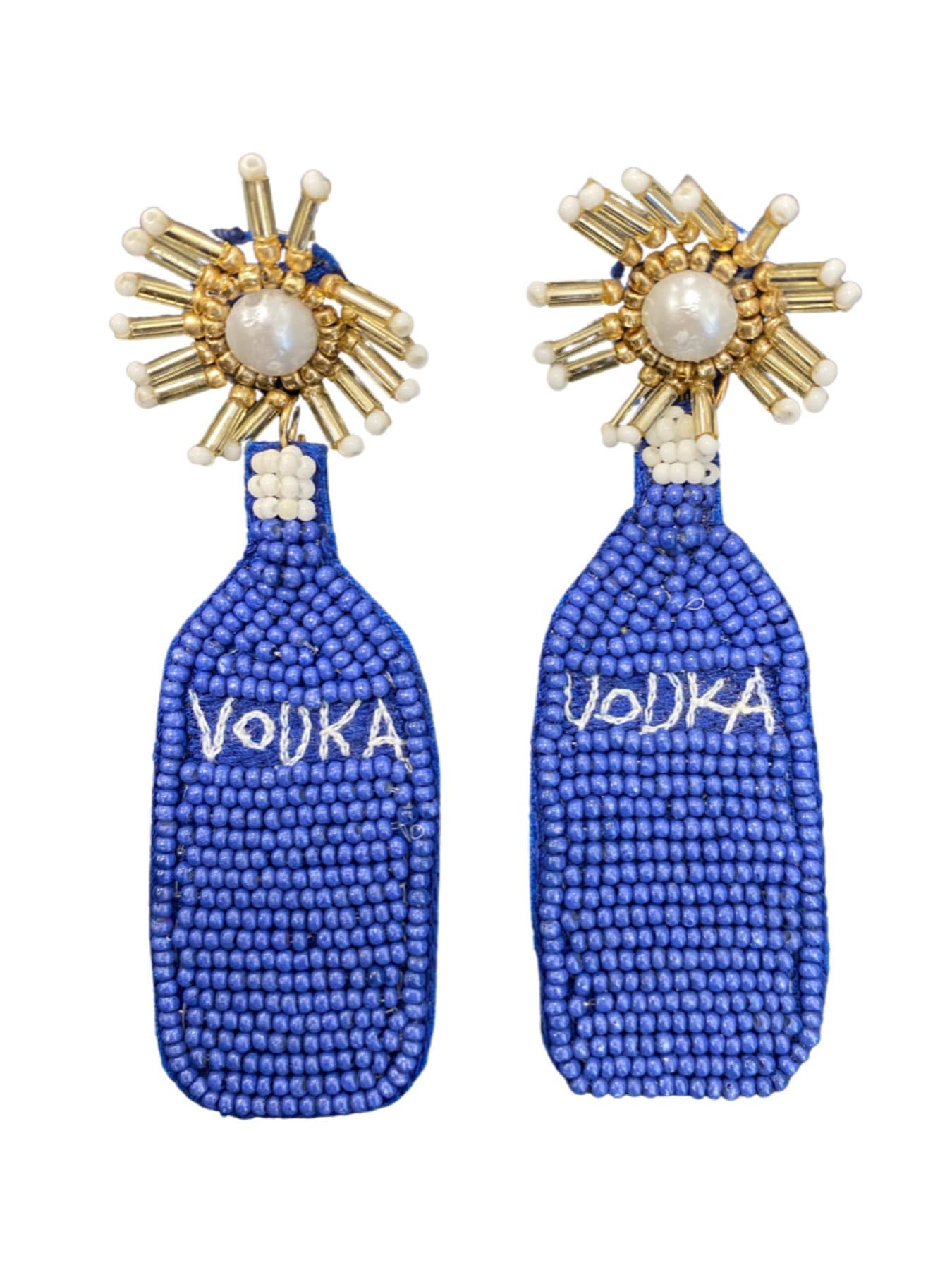 Vodka Bottle Beaded Earrings, Blue Fleurty Girl