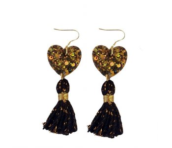 Black & Gold Heart Tassel Earrings