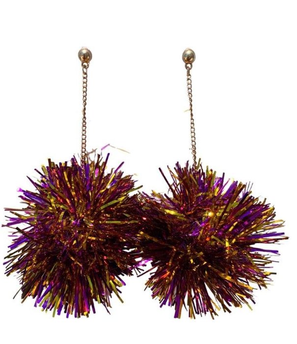 Tinsel Ball Dangle Earrings, Purple & Gold