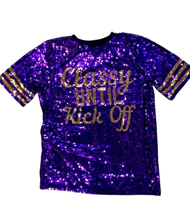 Classy Until Kick Off Sequin Tunic Dress, Purple & Gold