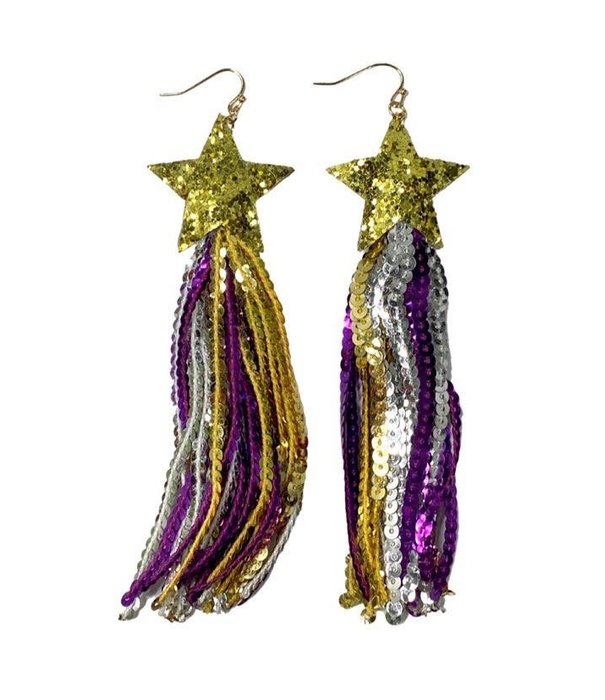 Star Sequin Tassel Earrings, Purple & Gold
