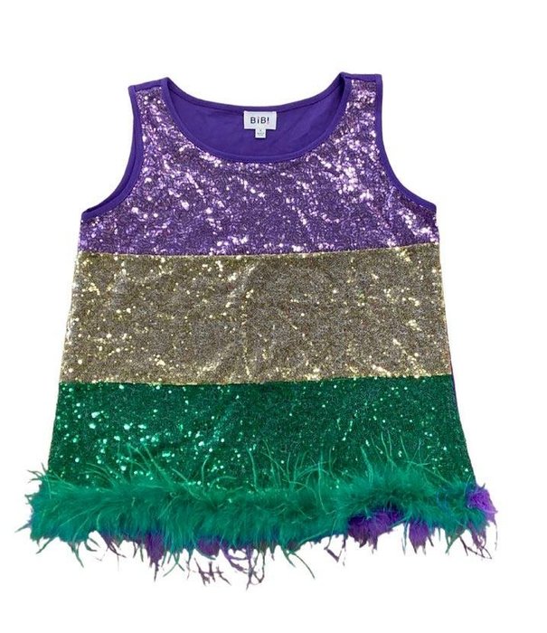 Mardi Gras Sequin Tank with Feather Hem