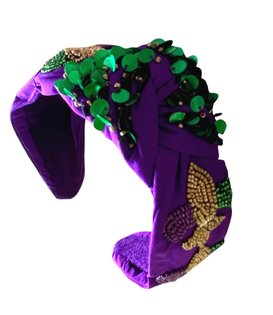 Mardi Gras Headband with Beaded Fleur de Lis