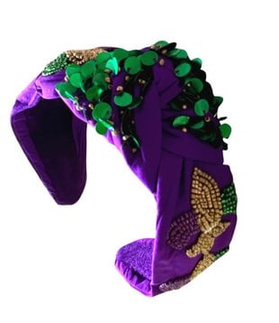 Mardi Gras Headband with Beaded Fleur de Lis