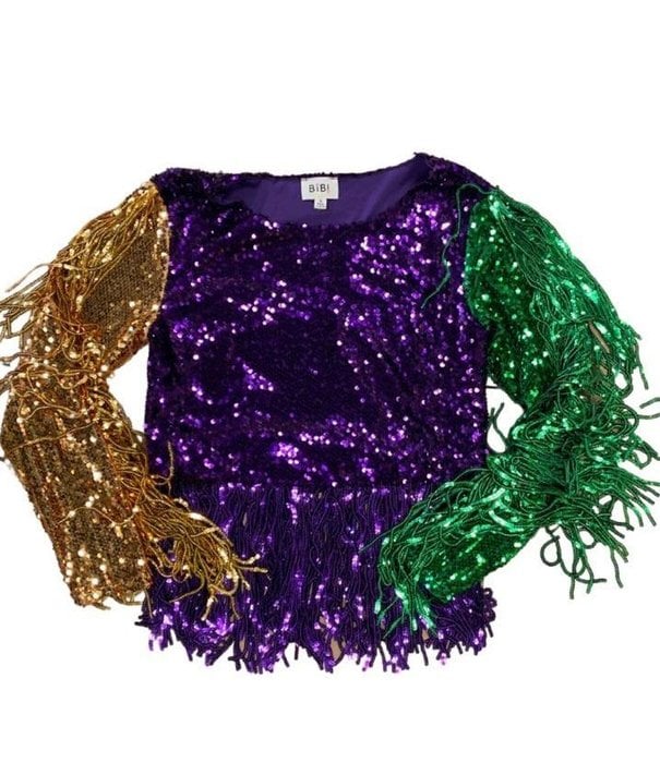 Tri Color Sequin Fringe Crop Top