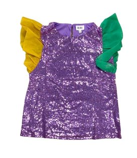 Purple Sequin Top with Ruffle Cap Sleeve