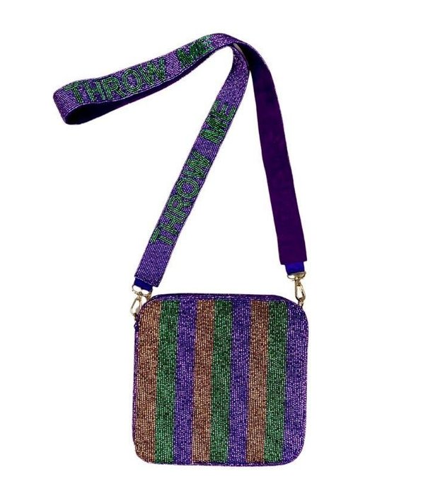 Mardi Gras Stripe Beaded Purse with Throw Me Strap