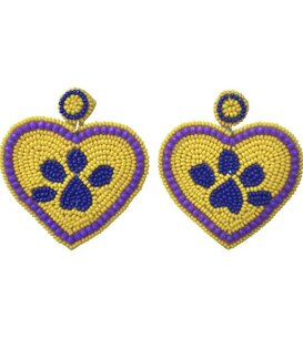 Purple & Gold Heart with Paw Beaded Earrings
