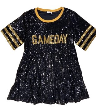 Gameday Sequin Babydoll Dress, Black & Gold