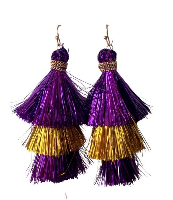 Tinsel Tassel Earrings, Purple & Gold