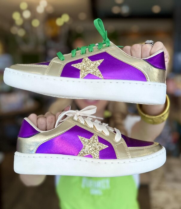 Purple & Gold Metallic Shoes with Green/Gold Laces