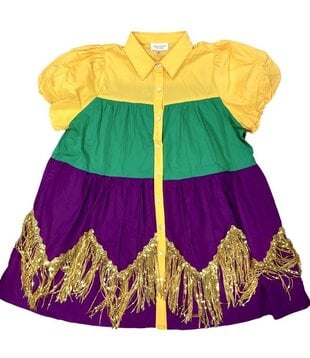 Mardi Gras Tiered Button Dress with Fringe