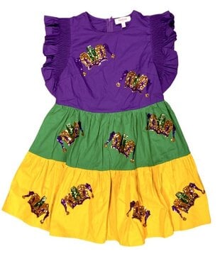 Mardi Gras Crown Ruffle Sleeve Dress