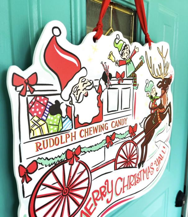 Rudolph Chewing Candy Cart Door Hanger