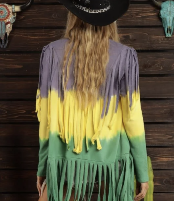 Mardi Gras Tie Dye Fringe Cardigan