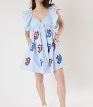 Rolling Stones Ruffle Shoulder Dress, Blue