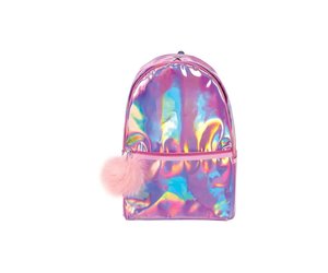 Home Pink Holographic Backpack With Pom