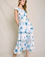 Cerulean Blossoms Cotton Tiered Dress