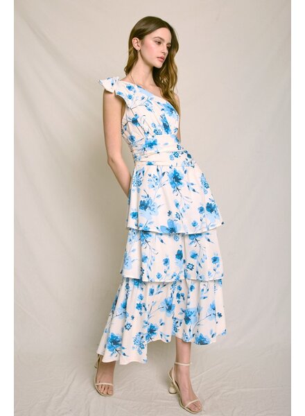 Cerulean Blossoms Cotton Tiered Dress