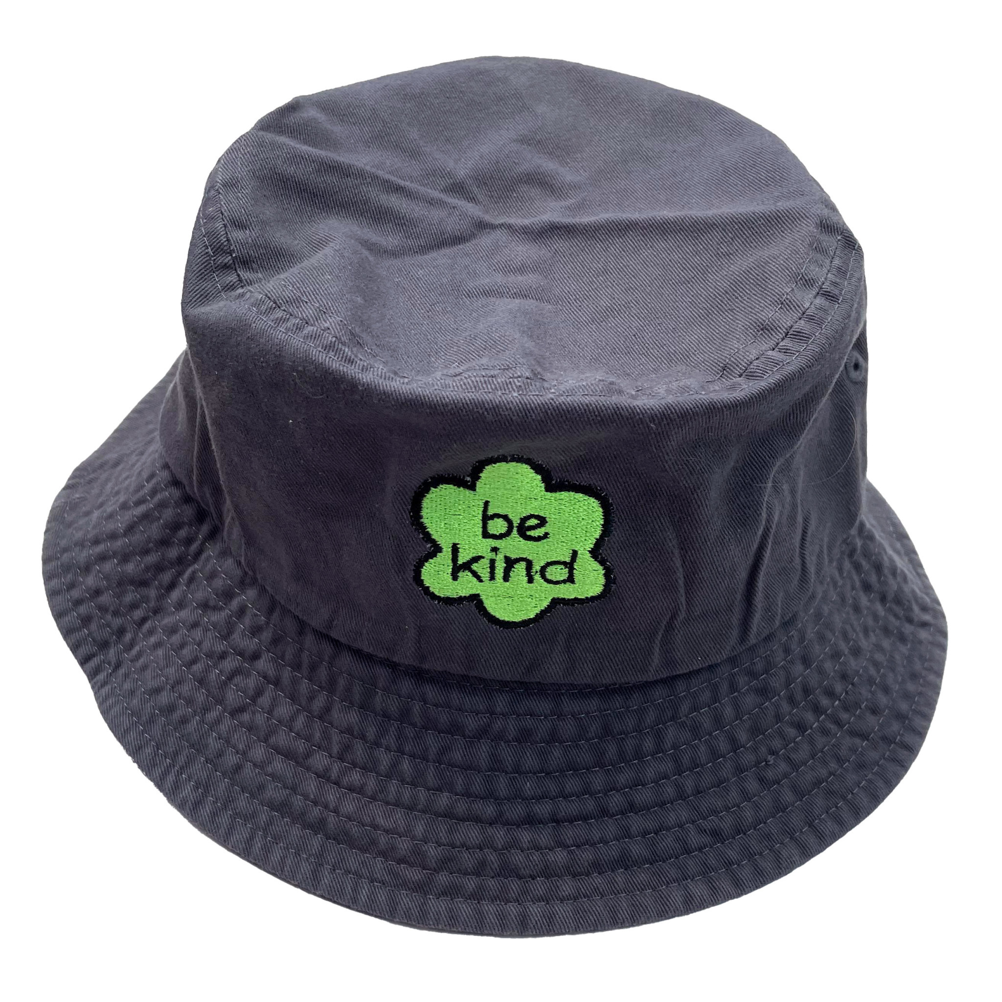 Kind Stitches Bucket Hat - Charcoal with Embroidered Green Flower
