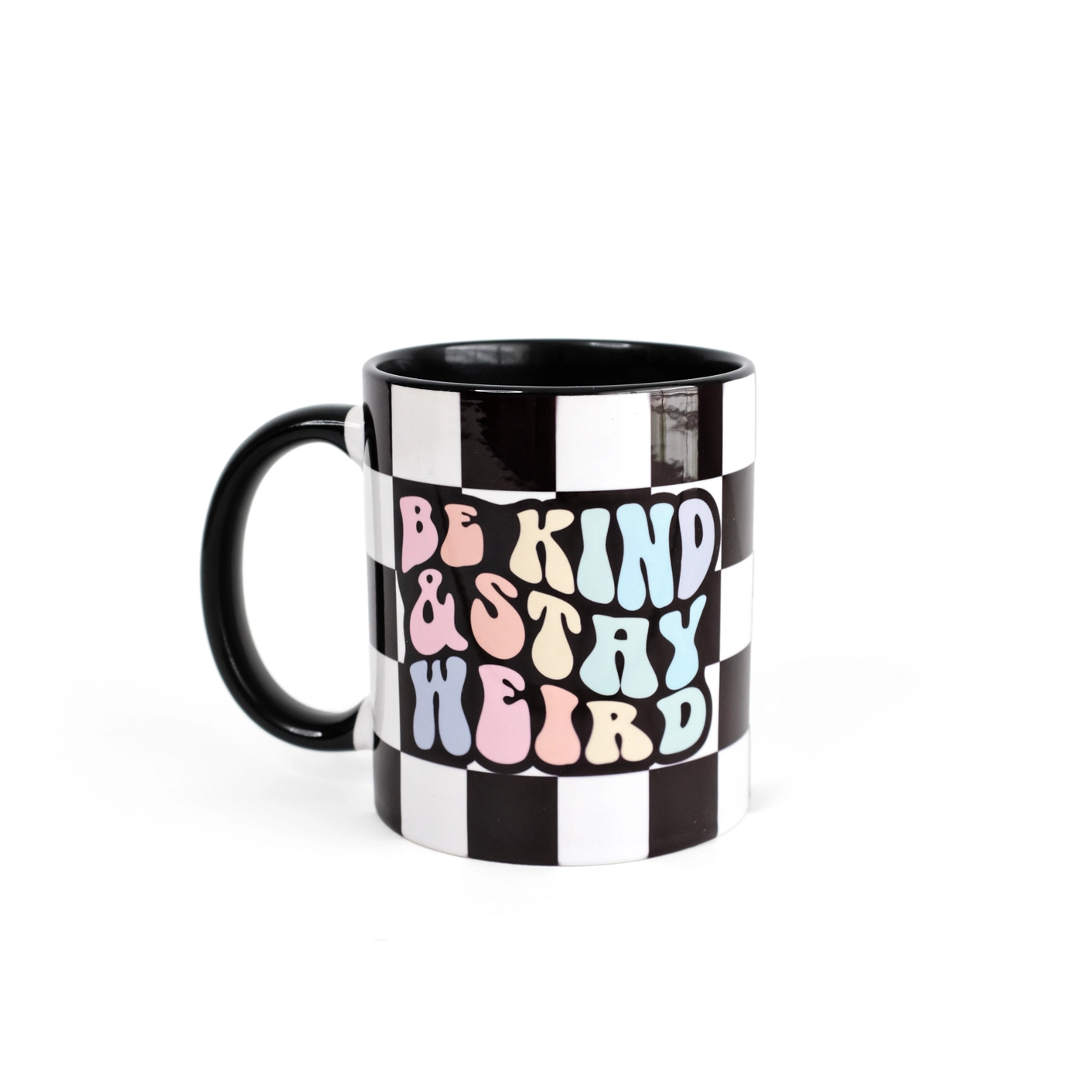 Electric Little Things Ceramic Mug - Be Kind & Stay Weird Rainbow Checkered