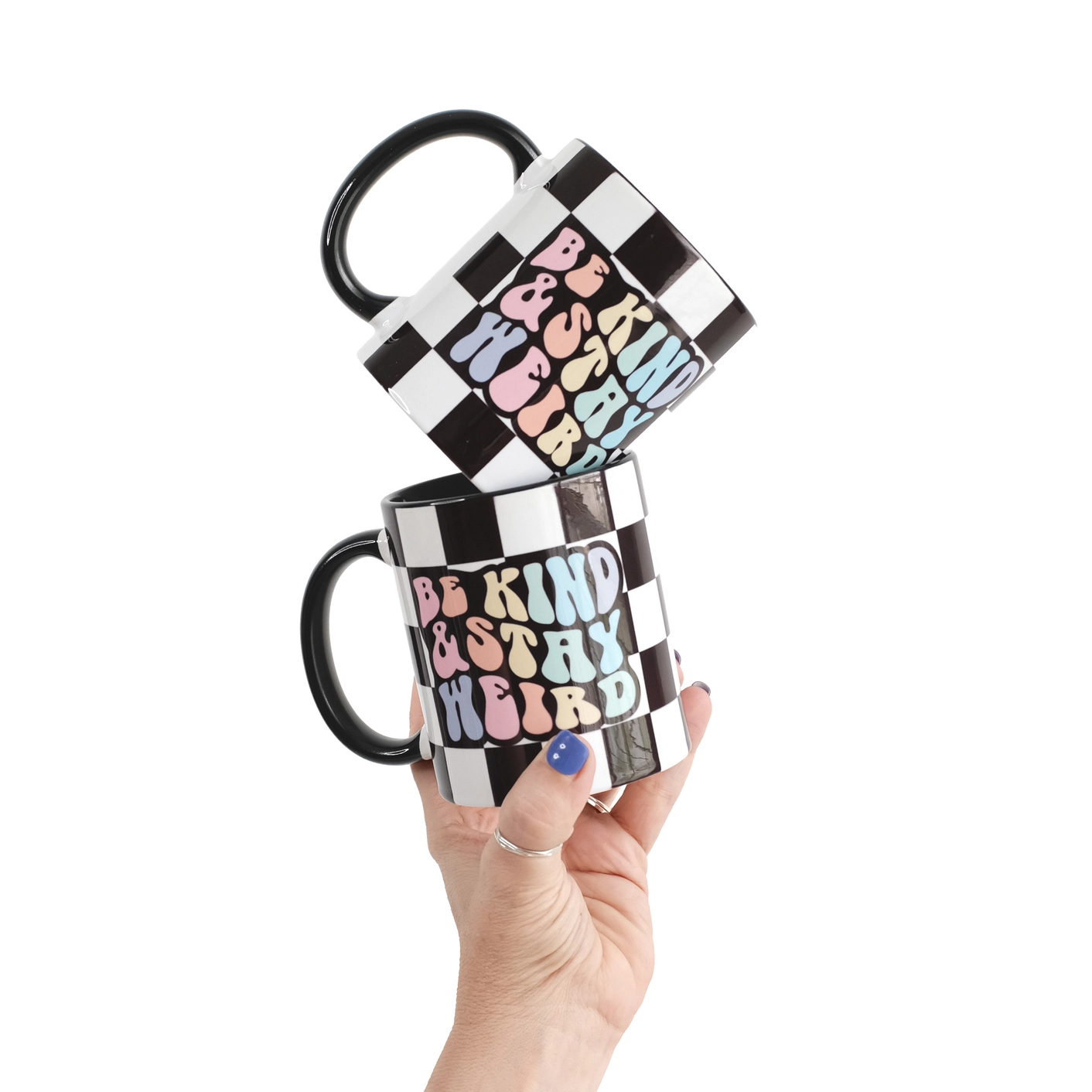 Electric Little Things Ceramic Mug - Be Kind & Stay Weird Rainbow Checkered