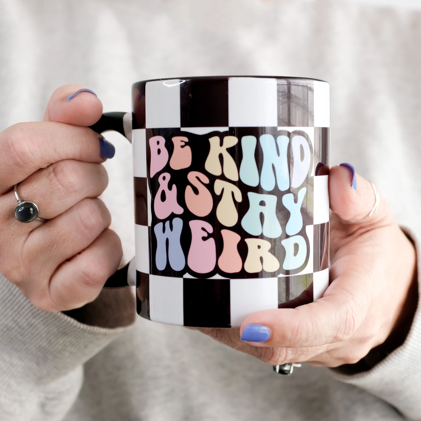 Electric Little Things Ceramic Mug - Be Kind & Stay Weird Rainbow Checkered