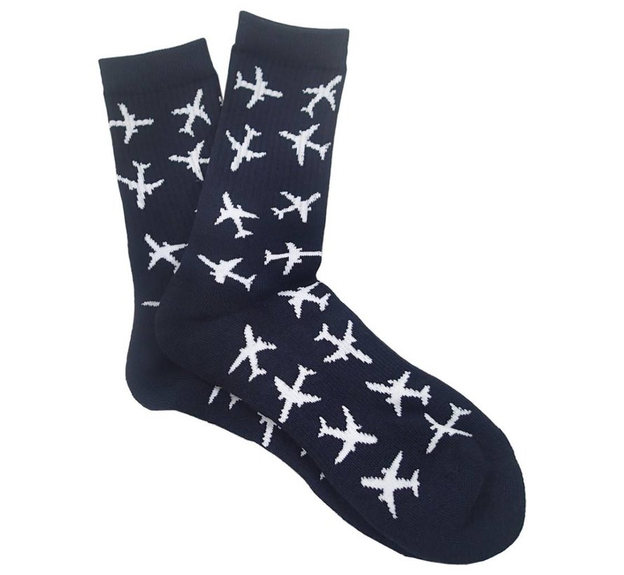 Premium Crew Socks Twin Jet  Navy with White Airplanes