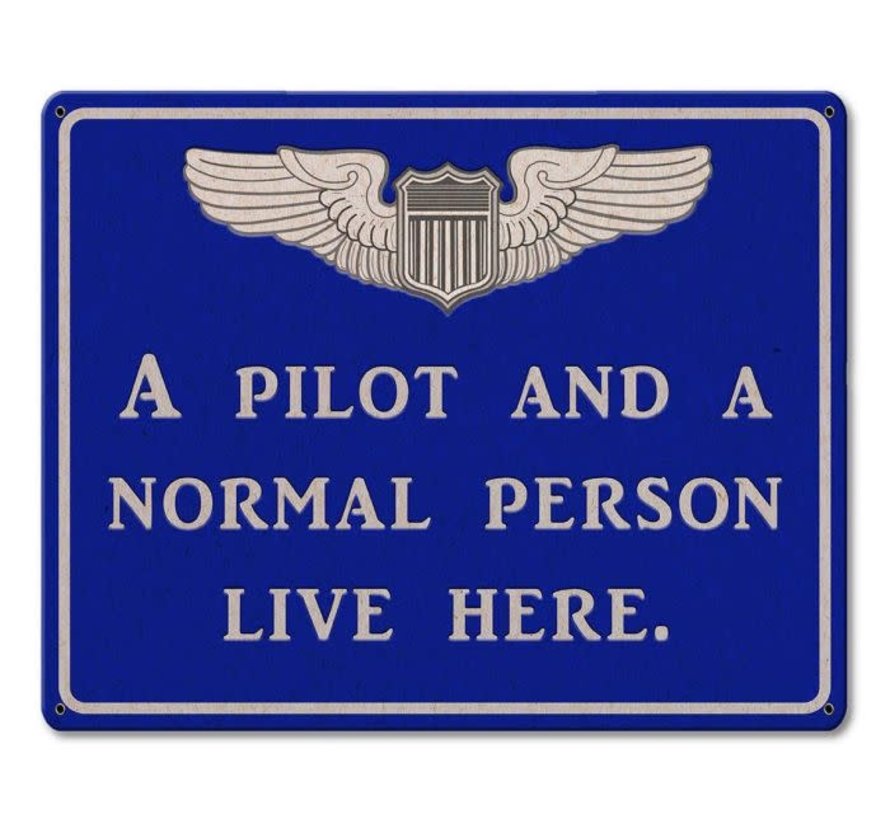 Pilot And Normal Person Live Here Metal Sign Wings Blue
