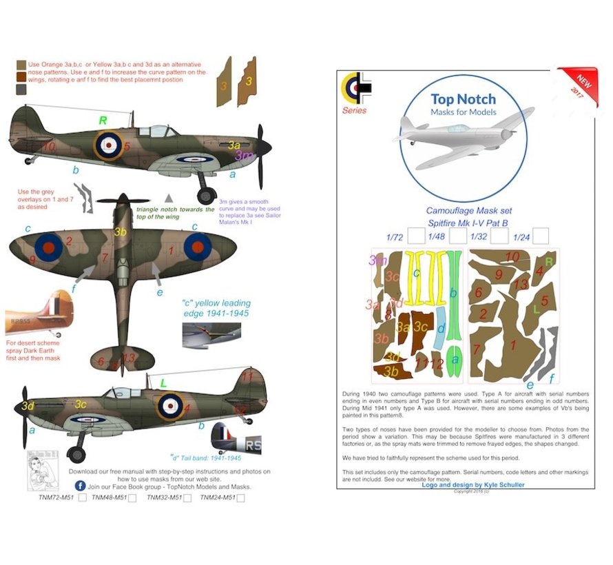 Top Notch Spitfire Mk.1 to Mk.V Pattern B camouflage paint mask 1:48